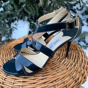 Jimmy Choo Strappy Sandals Heels Black Patent Leather Size 39 EU 9B US